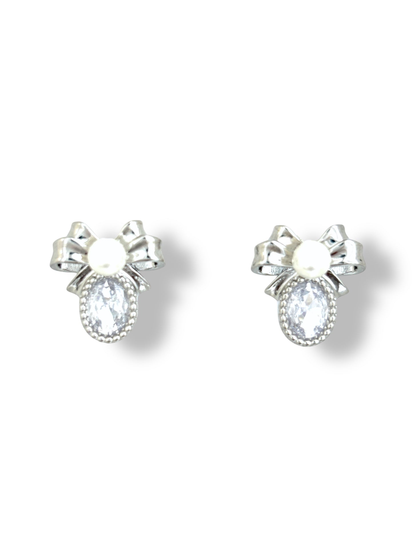 C.Z faux pearl bow silver earrings