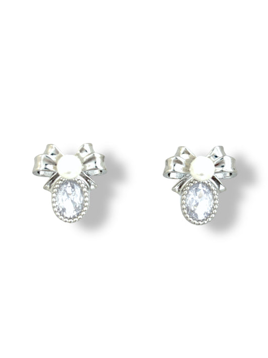 C.Z faux pearl bow silver earrings