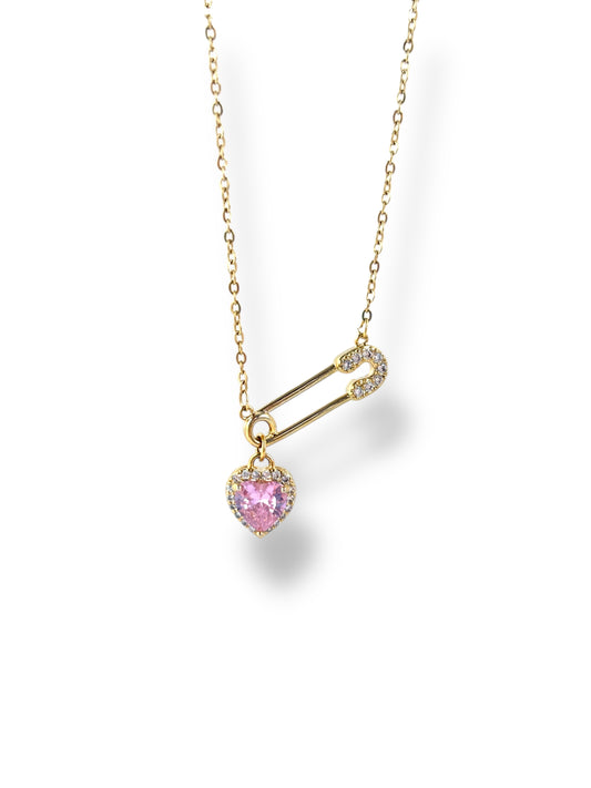 Pink Heart Gold Safety Pin Necklace