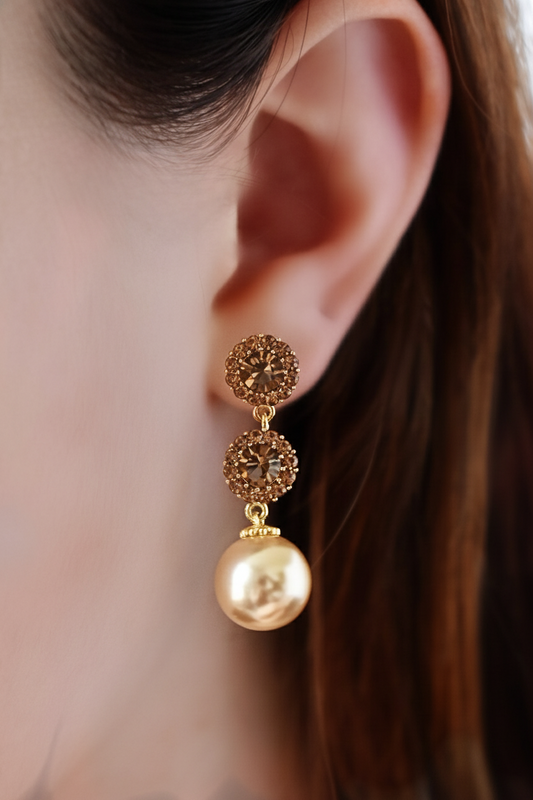 Dangling Bronze Zirconias with faux Pearl earrings