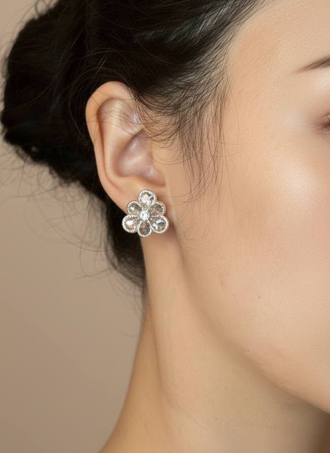 5 Petal Zirconia Flower Silver Earrings