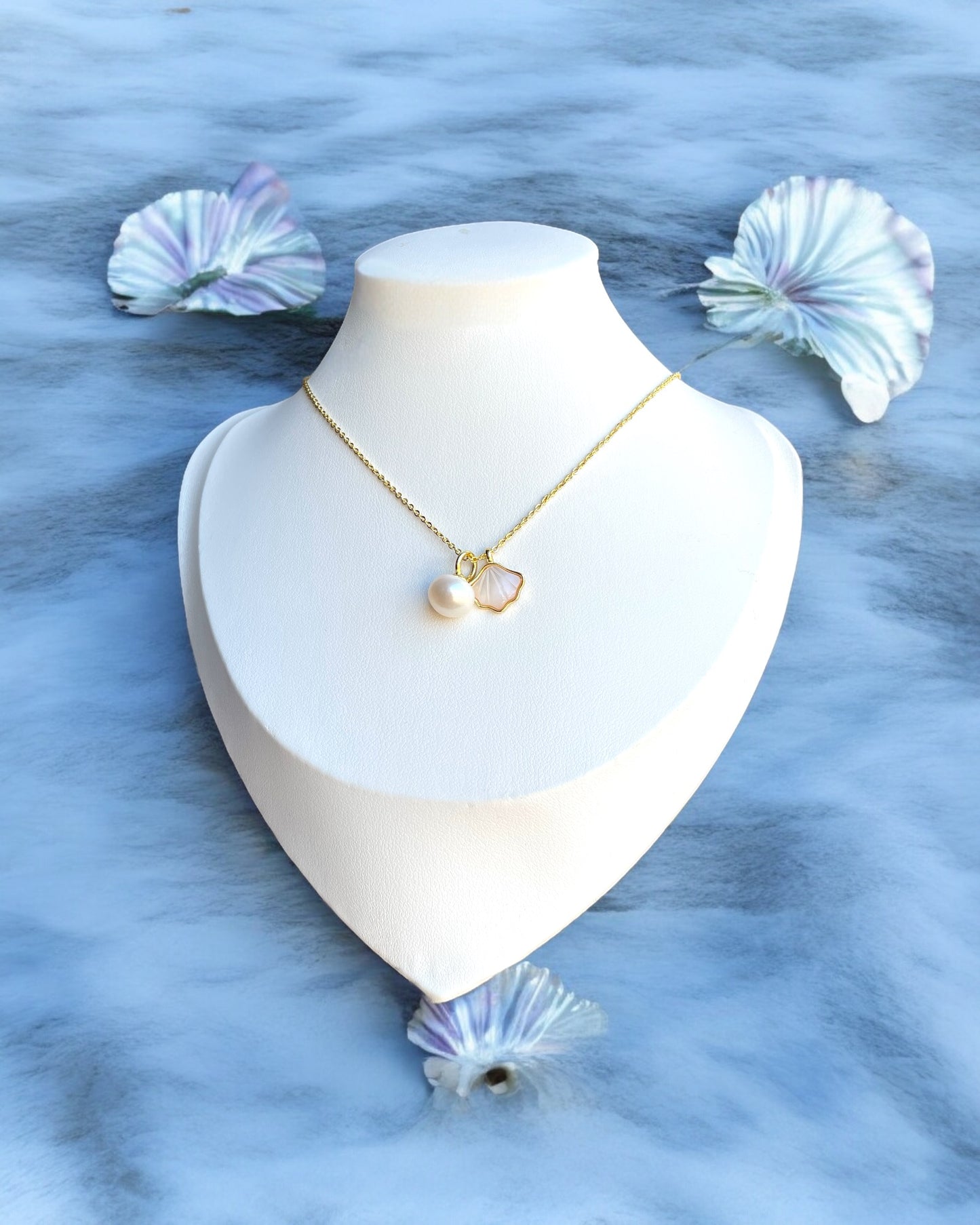 Gold charm necklace, Abalone shell pendant, Freshwater Pearl drop
