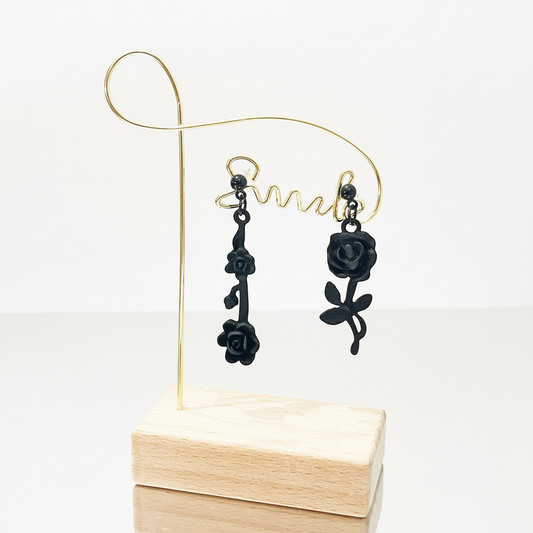 Black rose asymmetric earrings