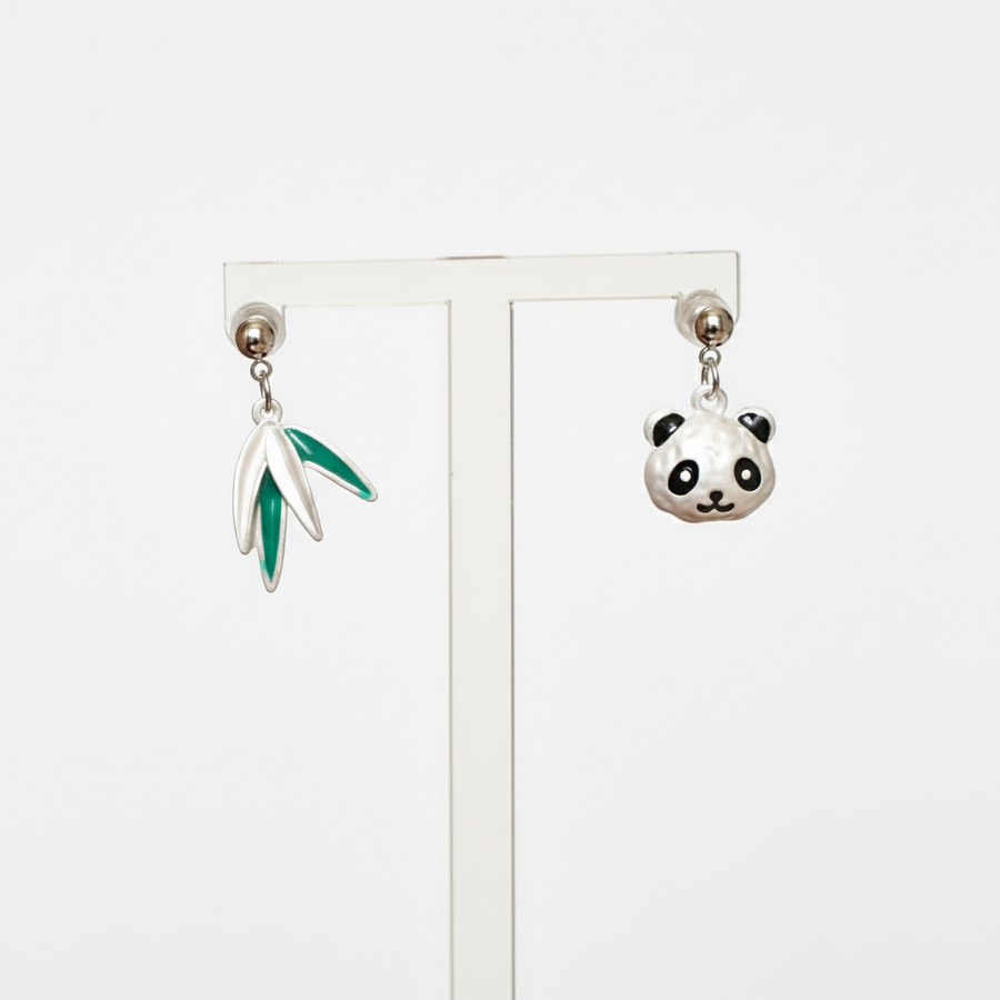 Asymmetrical pandas and bamboo earrings