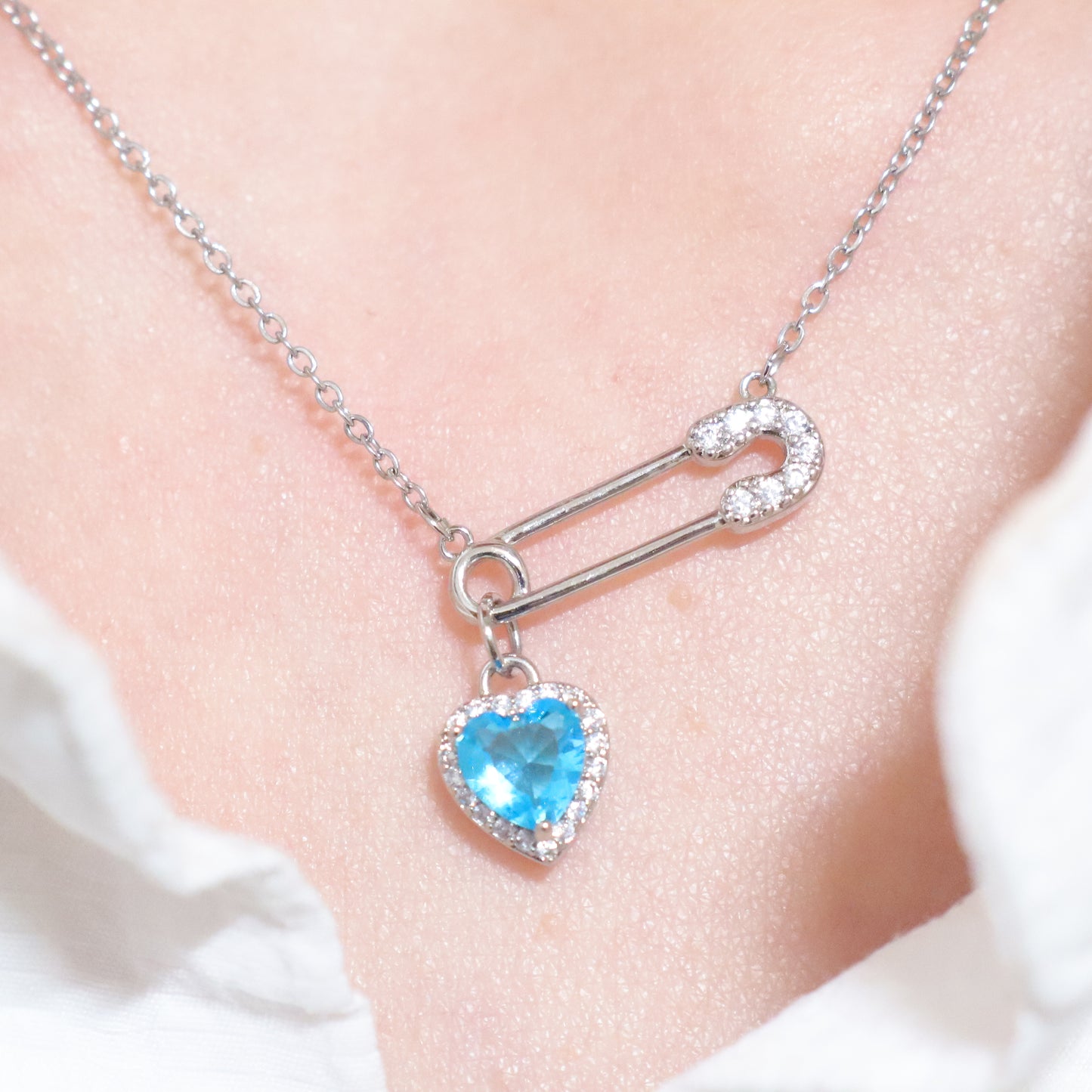 Blue Heart Silver Safety Pin Necklace