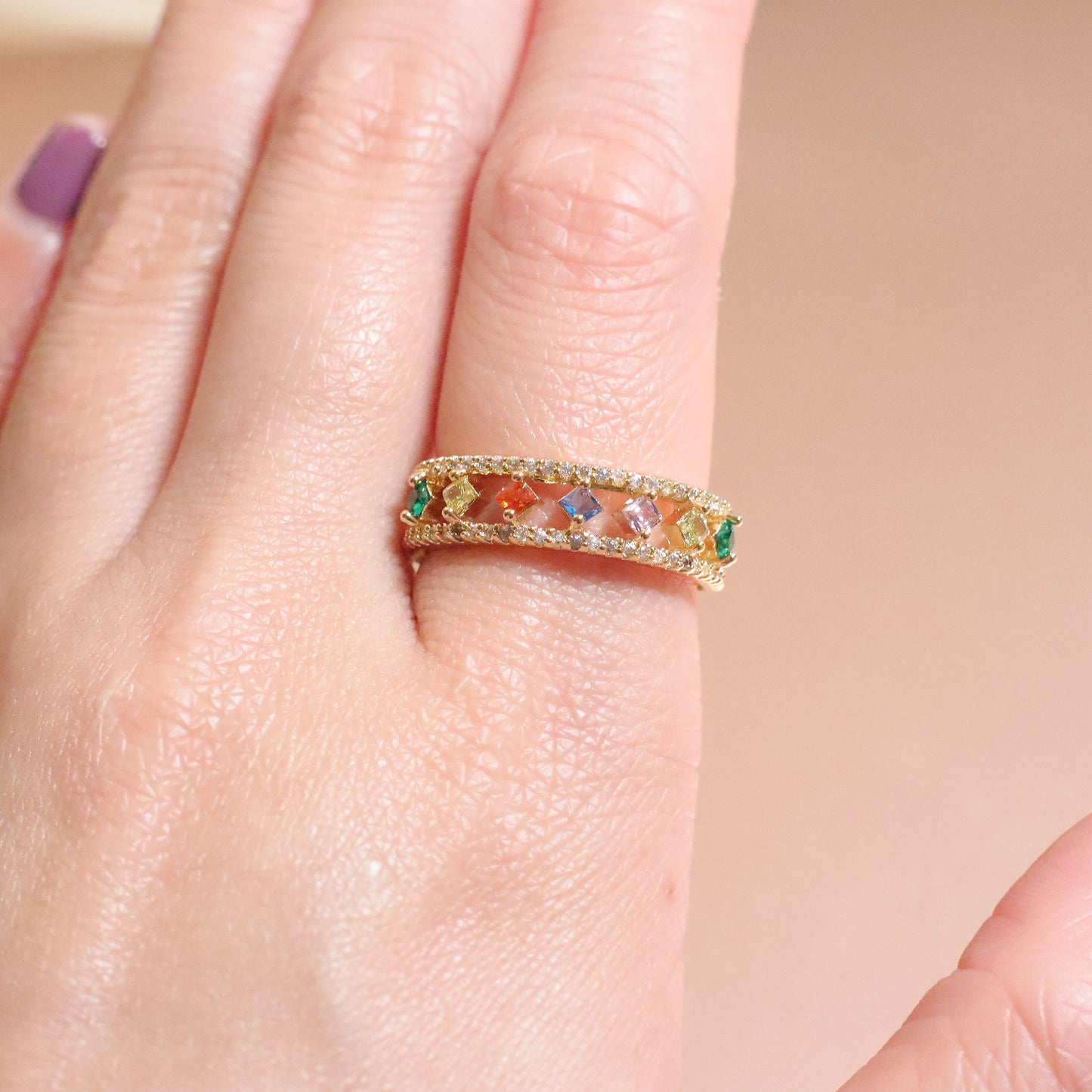 Gold Multi Gem Adjustable Ring
