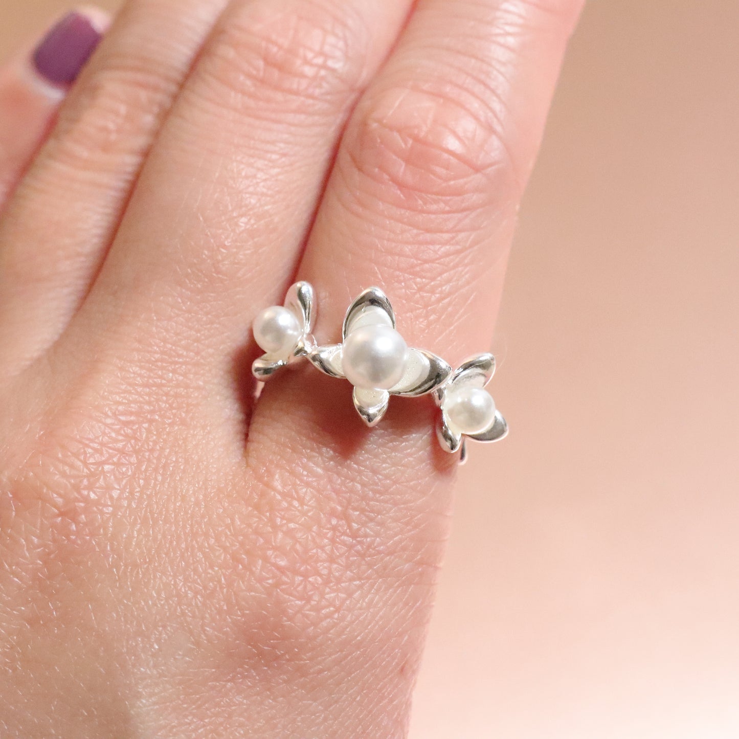 Silver Pearl Flower Adjustable Ring