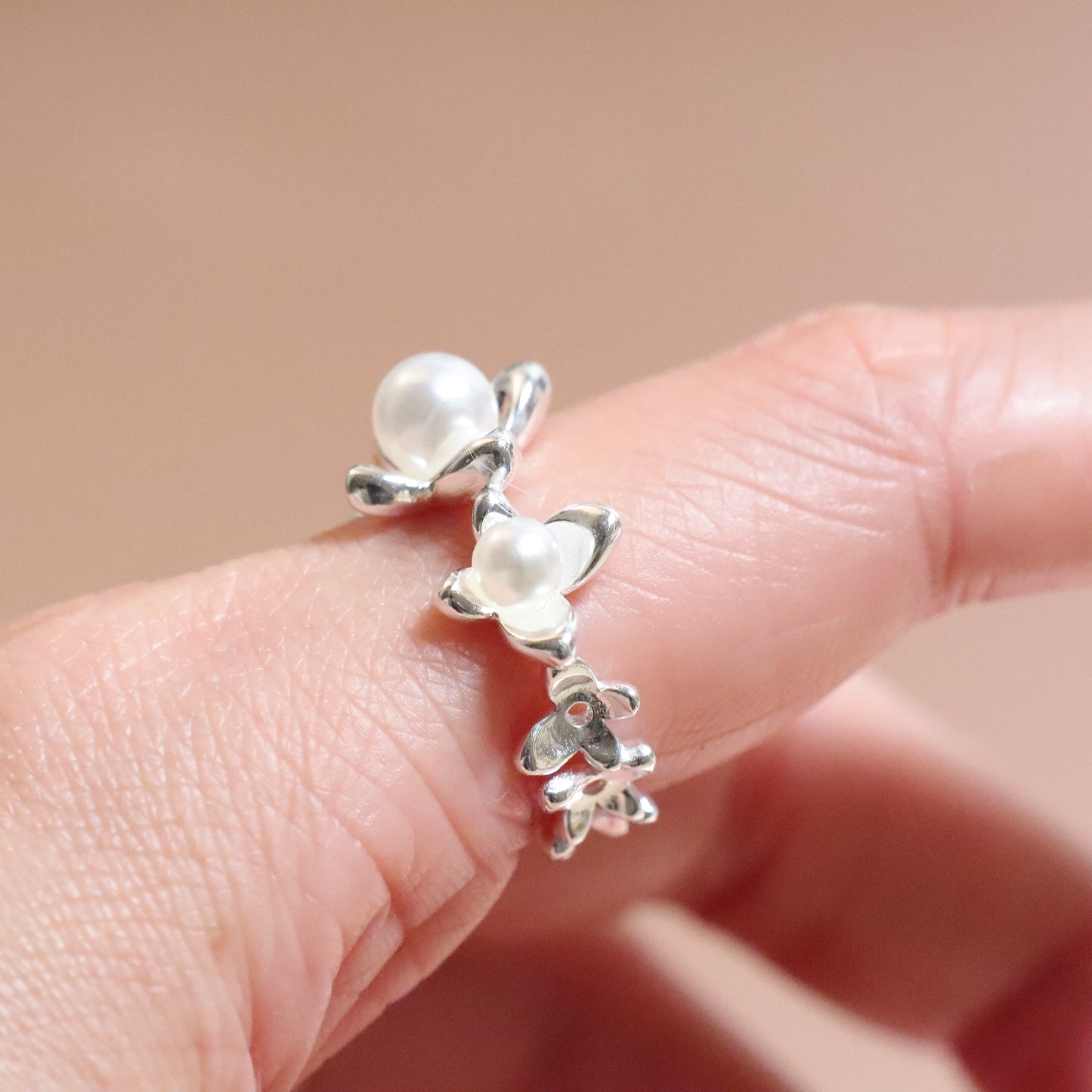 Silver Pearl Flower Adjustable Ring