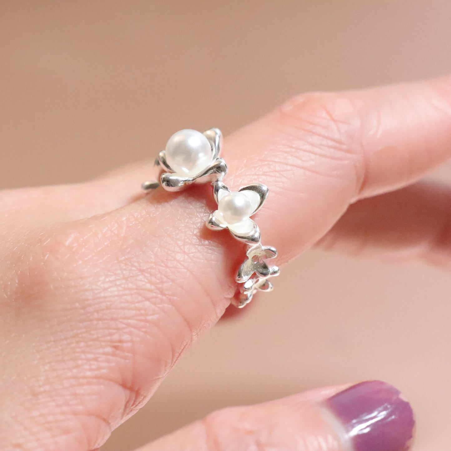 Silver Pearl Flower Adjustable Ring
