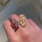 Large Zirconia and Cat Eye Gemstone Butterfly Adjustable Gold Ring