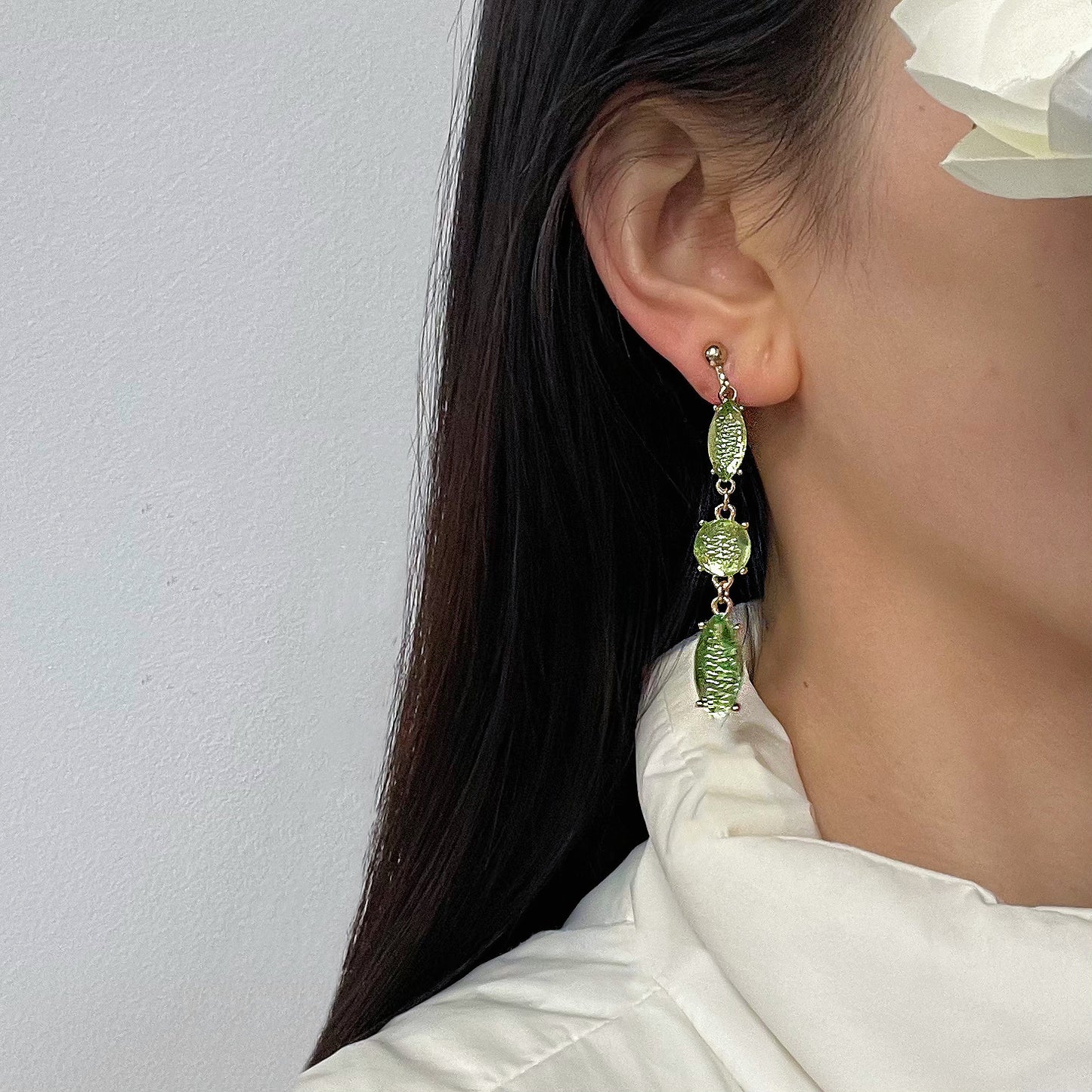 Green earrings/ ear clips with gold foil