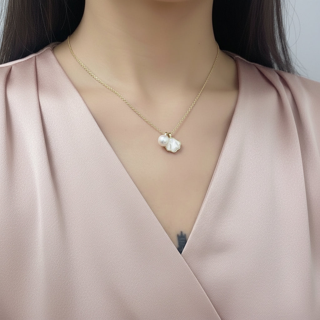 Gold charm necklace, Abalone shell pendant, Freshwater Pearl drop