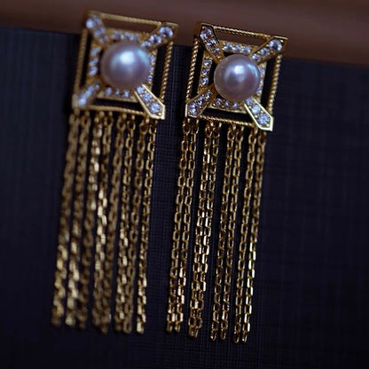 Vintage Gold Tassel Pearl Earrings